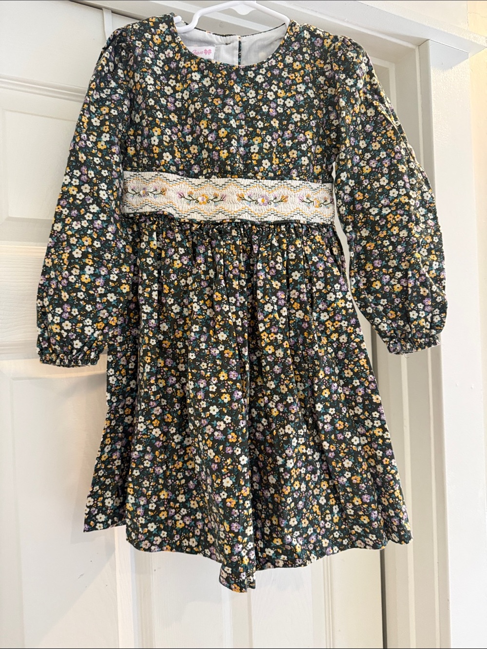 Girls Floral Smocked Waist Long-Sleeve Dress - Green Floral